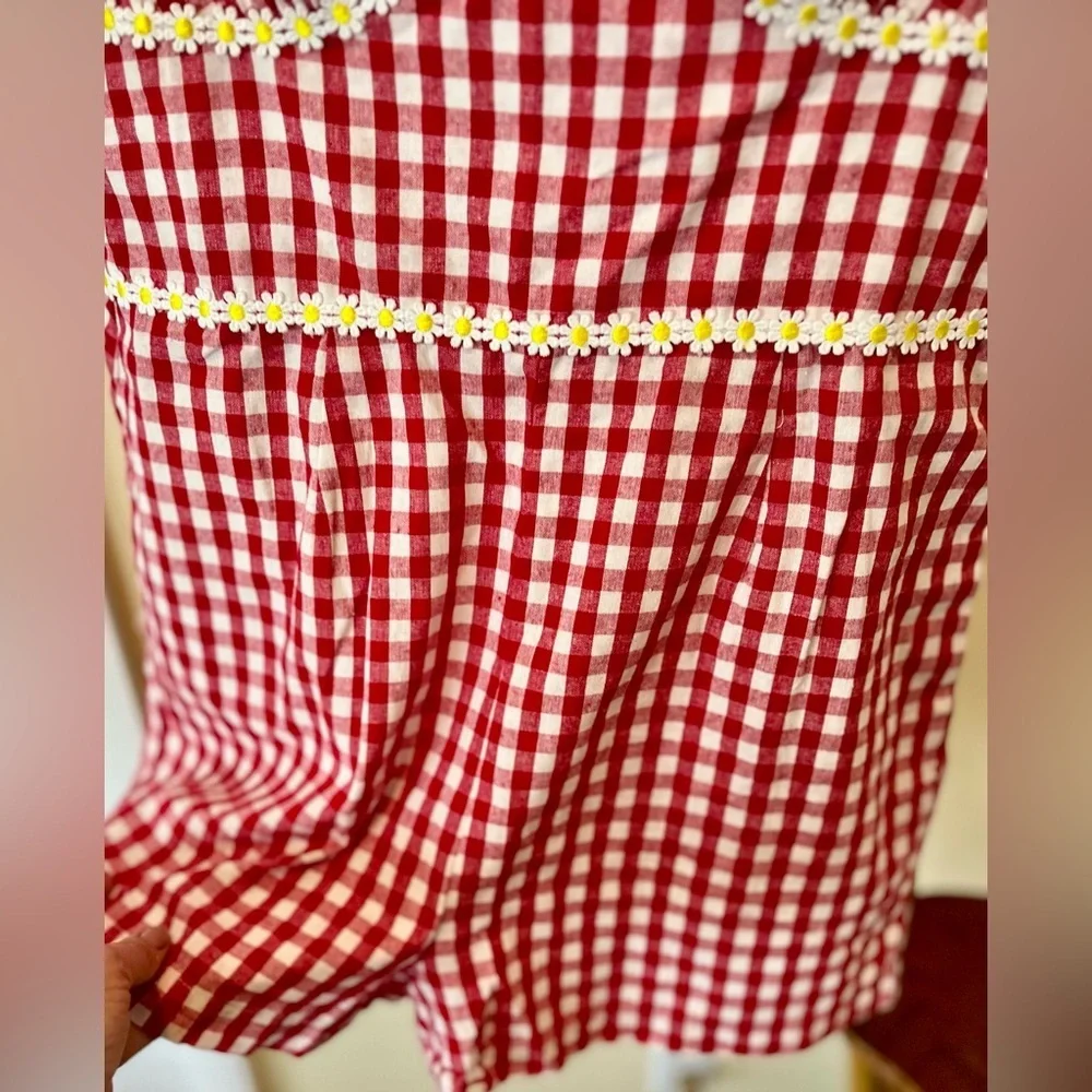 Romper Unique Vintage Shorts Red White Gingham Check Daisy Trim Size L10-12 - Picture 2 of 7
